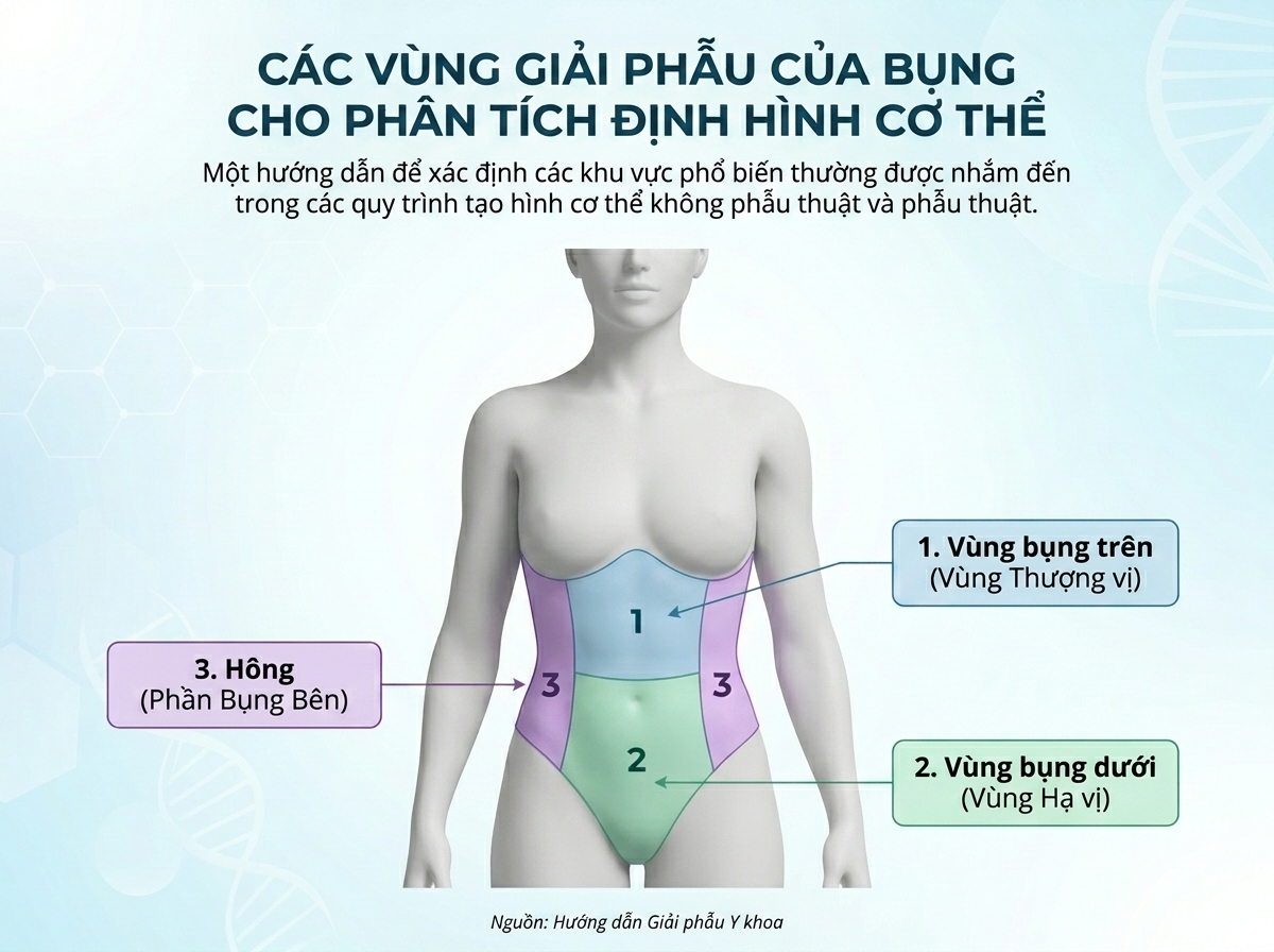 Infographic mô tả các phân vùng tác động của kỹ thuật hút mỡ bụng toàn phần