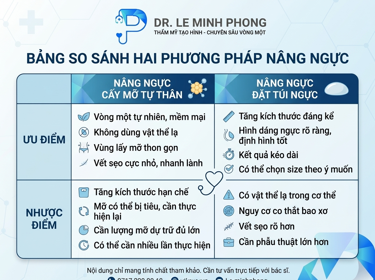 Bảng đồ họa so sánh trực quan các ưu - nhược điểm giữa nâng ngực cấy mỡ và nâng ngực đặt túi
