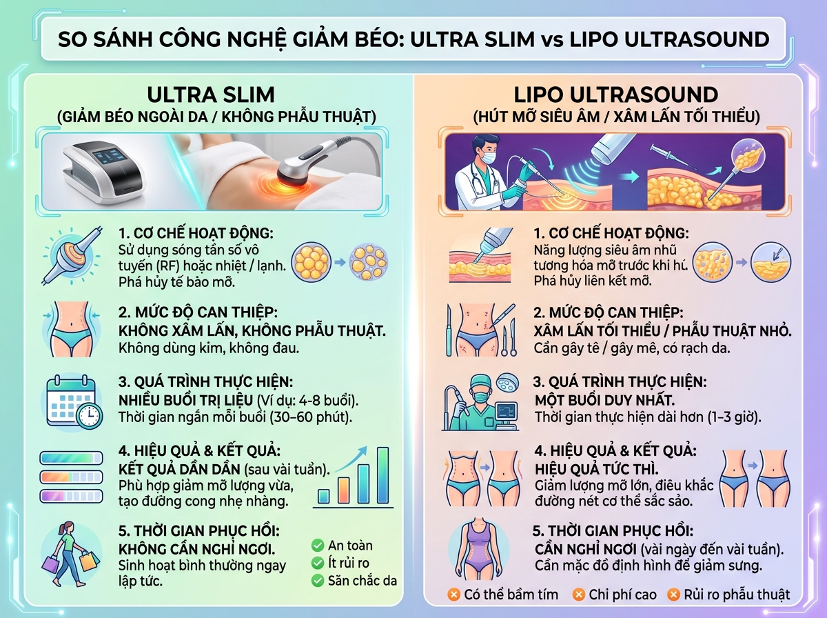 Bảng đồ họa so sánh trực quan hiệu quả giữa công nghệ giảm mỡ bên ngoài Ultra Slim và công nghệ hút mỡ siêu âm Lipo Ultrasound