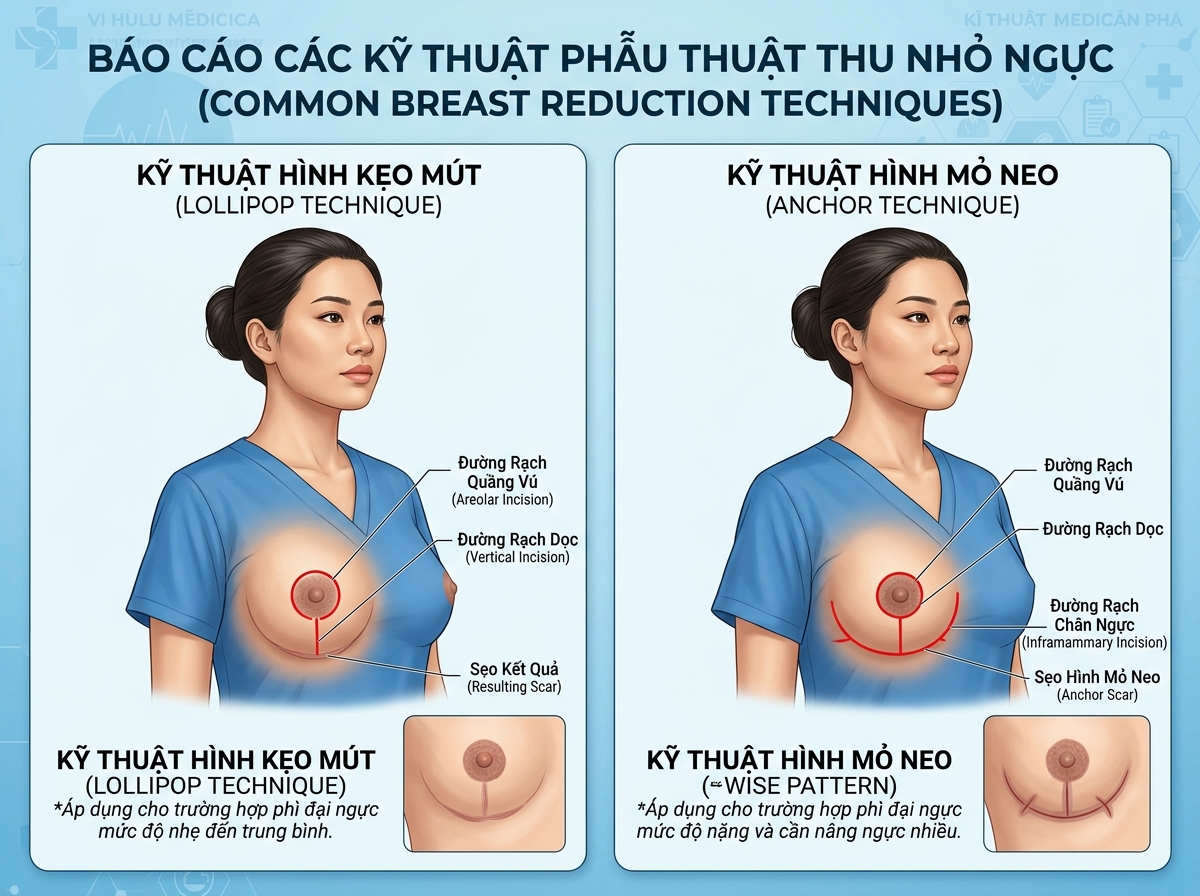 Đồ họa y khoa mô phỏng các đường mổ thu gọn ngực phổ biến bằng kỹ thuật Lollipop và Anchor