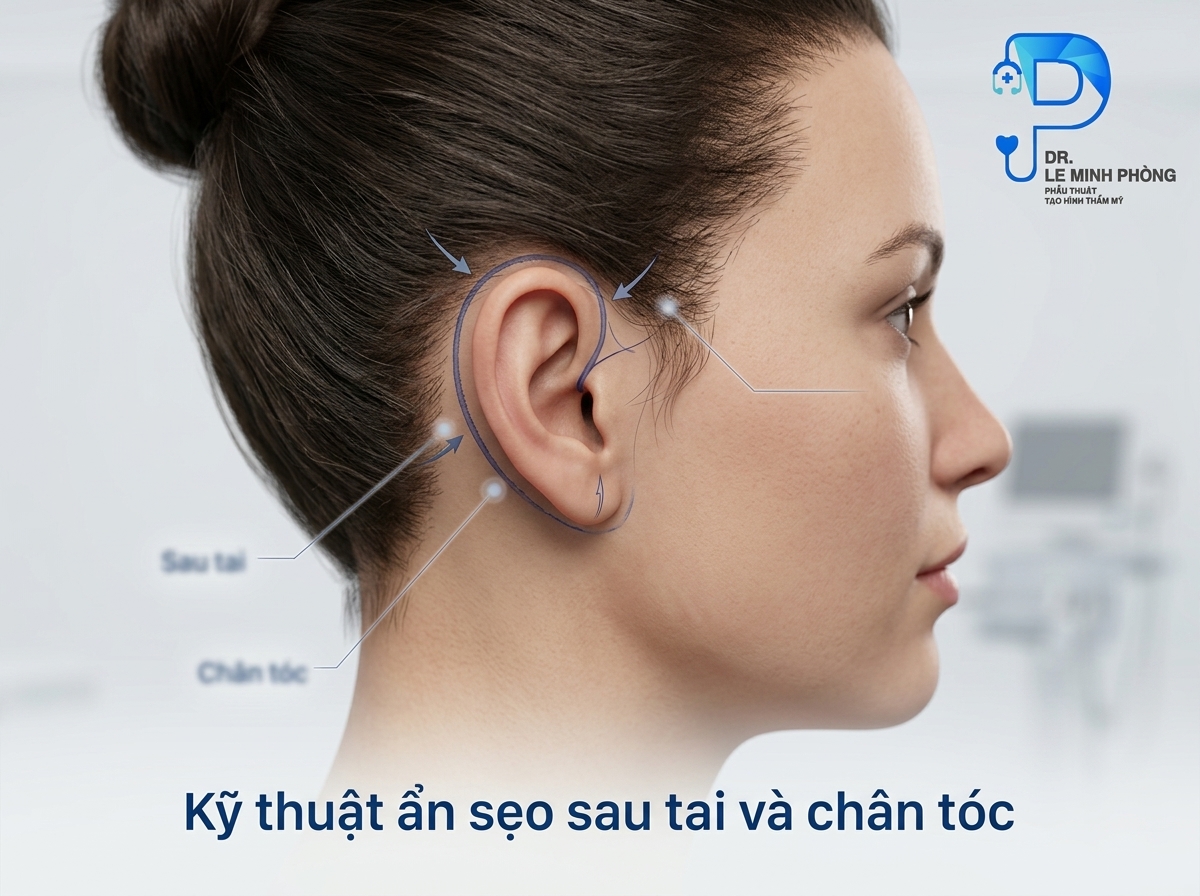 Đường mổ phẫu thuật căng da cổ ẩn giấu tinh tế ở rãnh sau tai