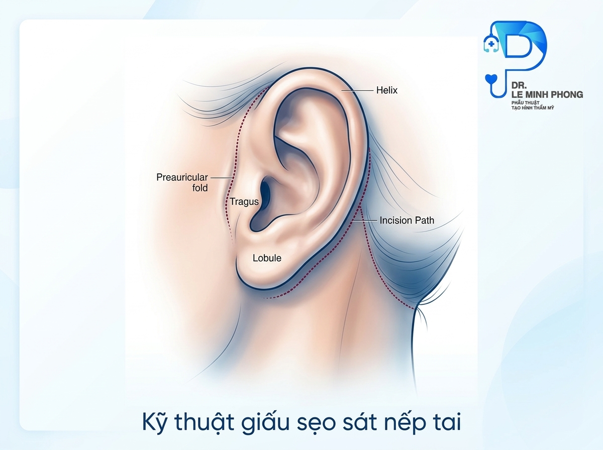 Đường rạch phẫu thuật cắt da thừa vùng mặt ẩn giấu sát nếp tai