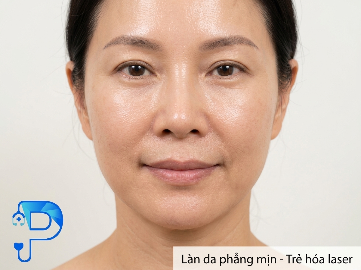 Làn da phẳng mịn mờ nếp nhăn sau khi căng da mặt laser