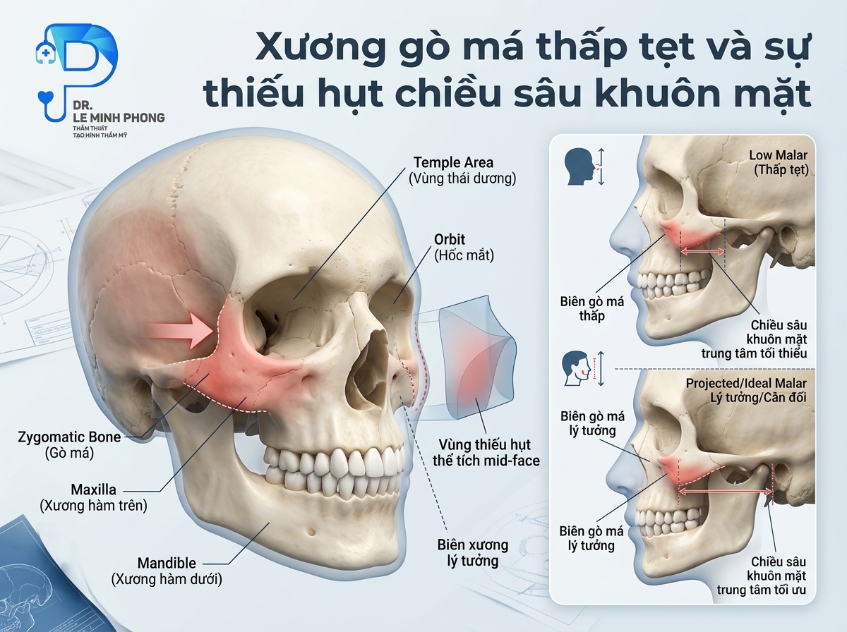 Cấu trúc khuôn mặt phẳng và thiếu chiều sâu do xương gò má thấp tẹt