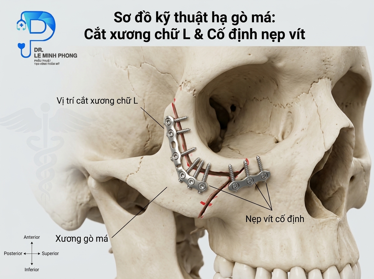 Sơ đồ mô phỏng kỹ thuật cắt xương chữ L cố định bằng nẹp vít y tế