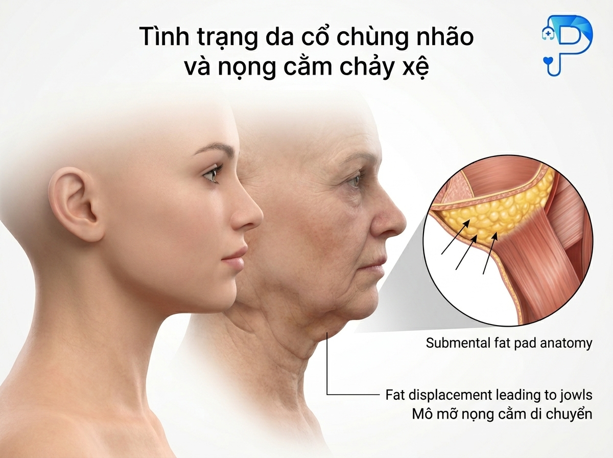 Tình trạng da cổ chùng nhão nếp nhăn vòng và nọng cằm chảy xệ