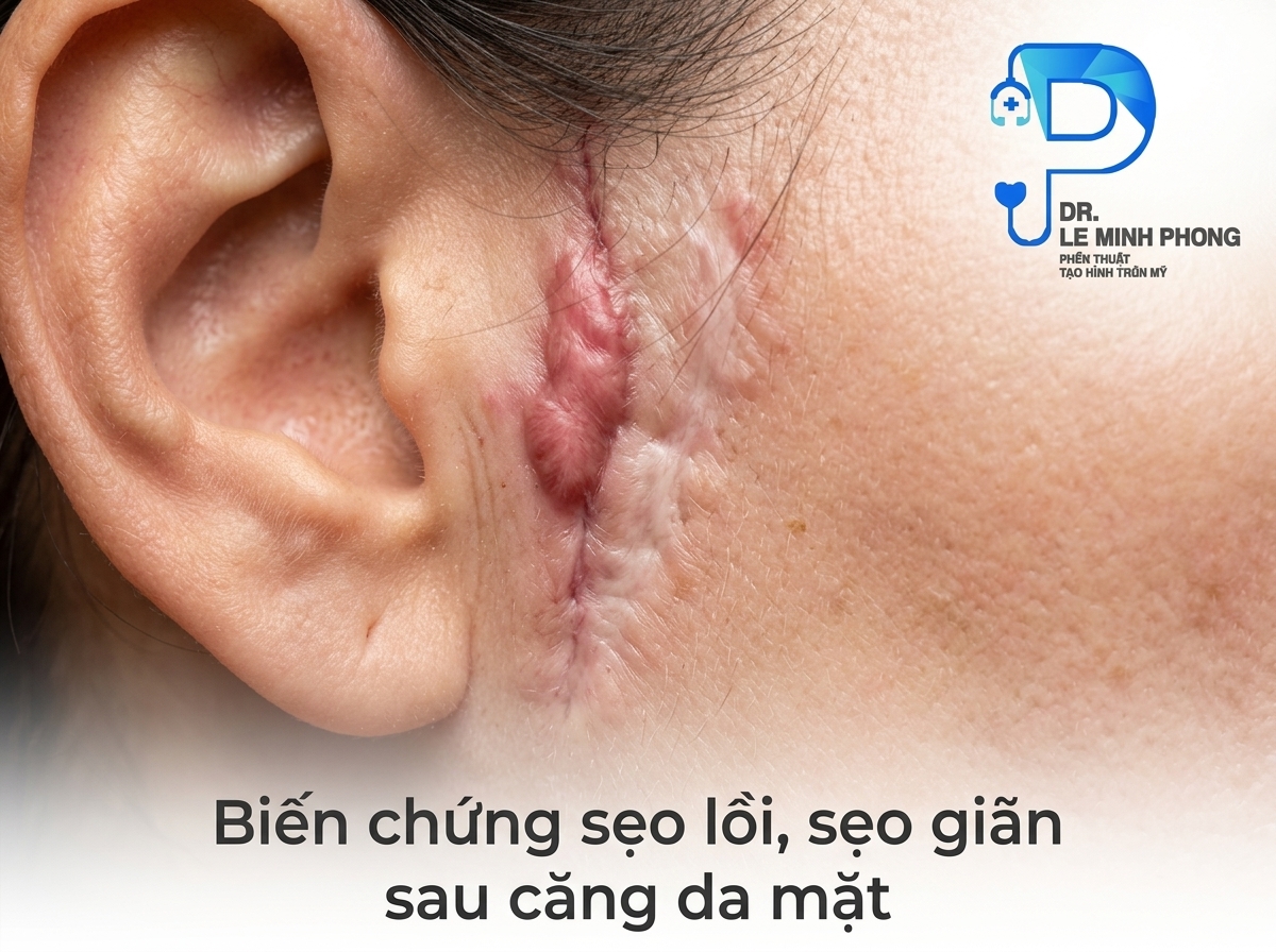 Vết sẹo lồi và sẹo giãn rộng loang lổ trước tai sau khi căng da mặt bị lỗi