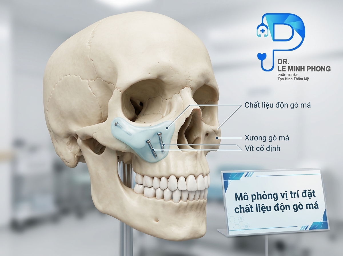 Mô phỏng vị trí đặt chất liệu độn nâng gò má cố định bằng vít