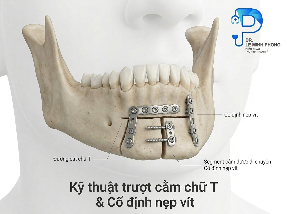 Mô phỏng kỹ thuật cắt xương cằm chữ T và cố định nẹp vít y tế