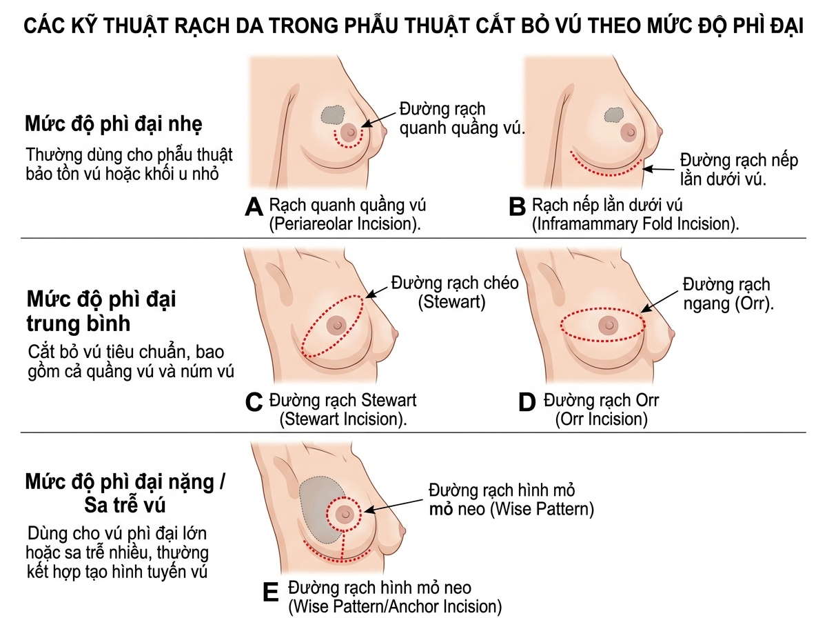 Sơ đồ y khoa mô phỏng các đường mổ cắt tuyến vú phổ biến tương ứng với từng mức độ phì đại