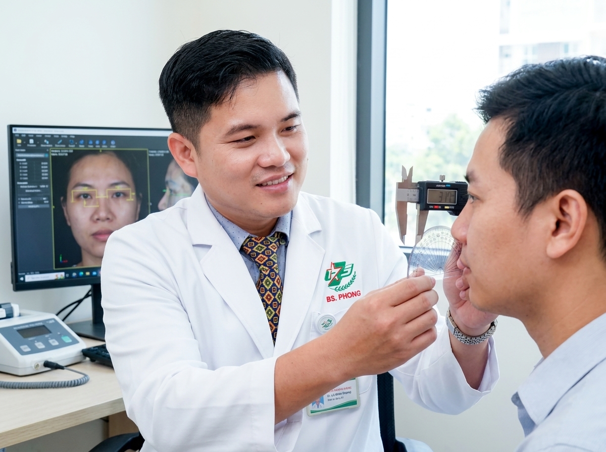 TS.BS Lê Minh Phong trực tiếp đo vẽ và xác định tỷ lệ khoảng cách góc mắt cho khách hàng trước phẫu thuật