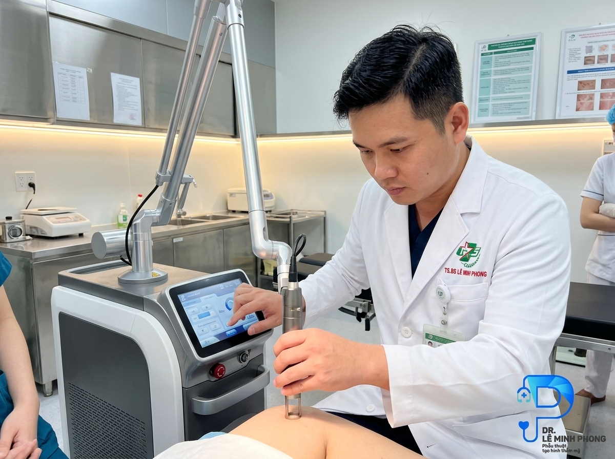 Bác sĩ sử dụng đầu tuýp laser vi điểm để trẻ hóa se khít vùng kín không phẫu thuật