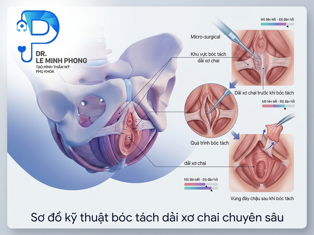 Sơ đồ đồ họa mô phỏng kỹ thuật bóc tách dải xơ chai tầng sinh môn