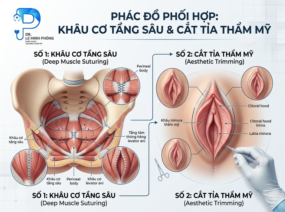 Sơ đồ đồ họa mô phỏng phác đồ phối hợp khâu cơ tầng sâu và cắt tỉa thẩm mỹ bên ngoài