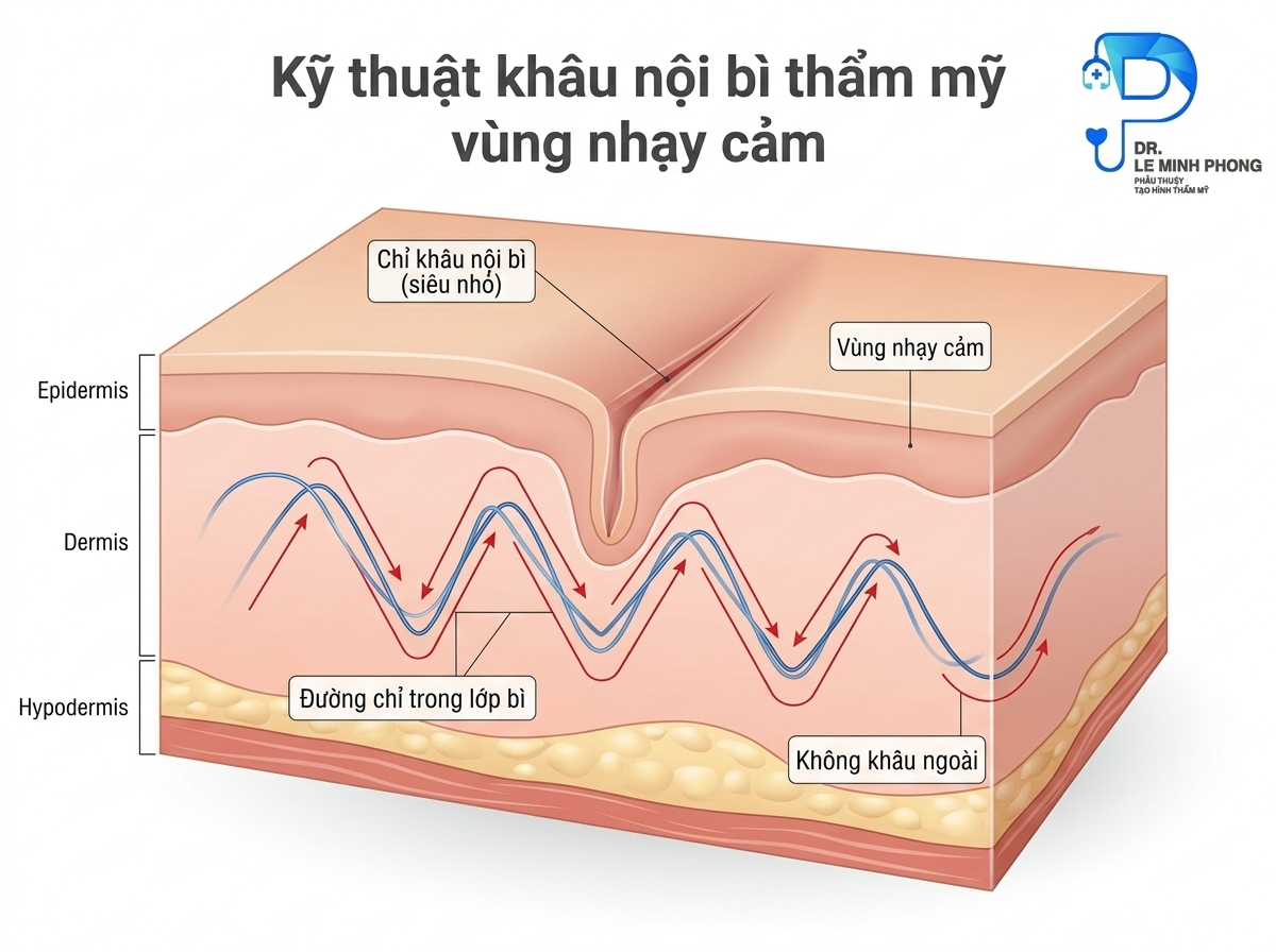 Sơ đồ đồ họa mô phỏng hướng khâu nội bì giấu sẹo thẩm mỹ vùng nhạy cảm