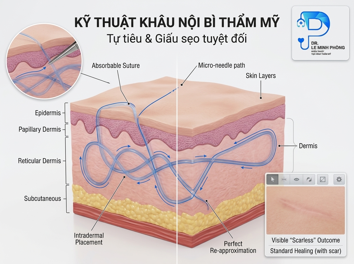 Đồ họa mô phỏng hướng khâu nội bì tự tiêu giấu vết sẹo vùng nhạy cảm
