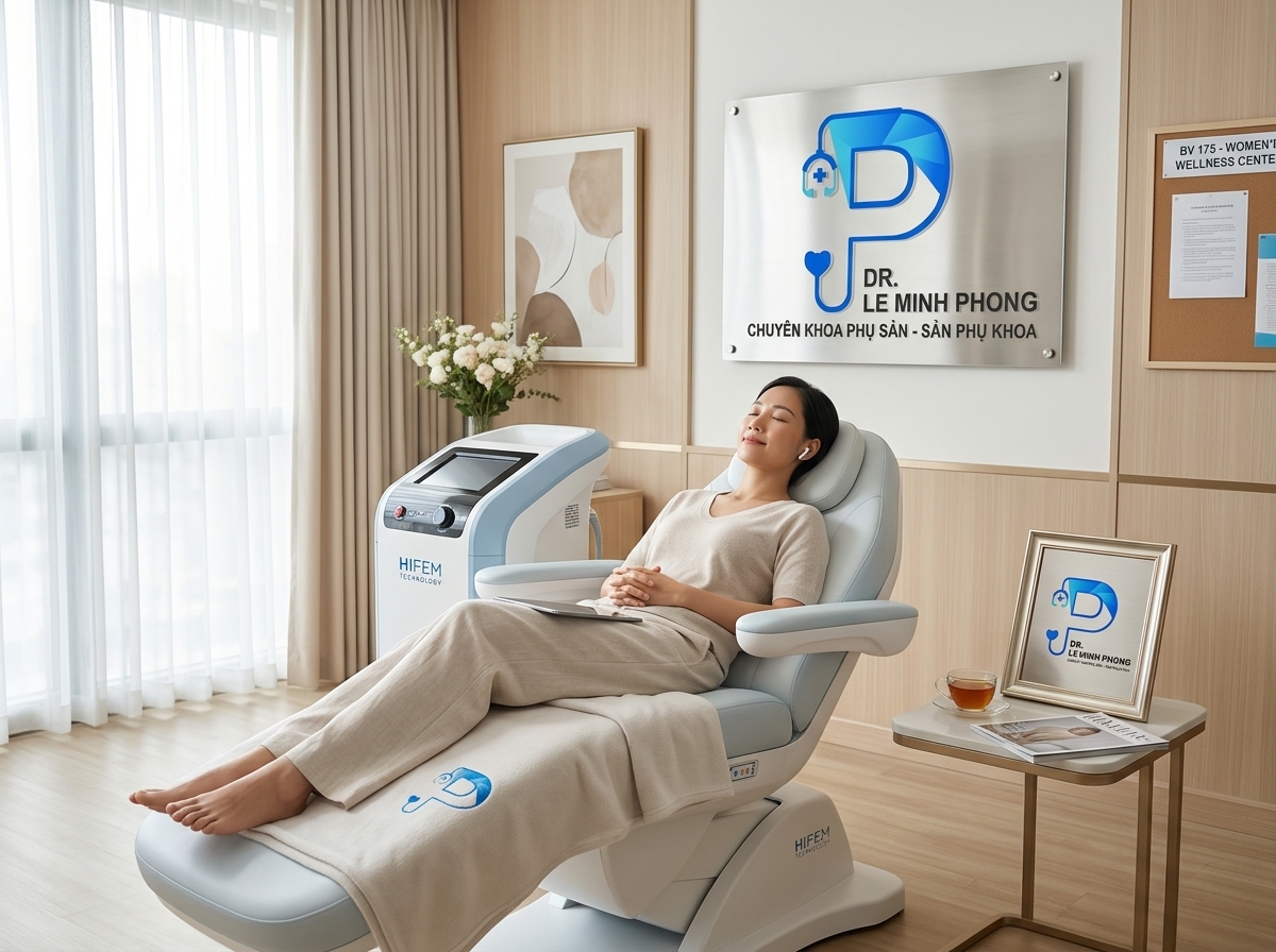 Khách hàng ngồi thư giãn trên ghế máy HIFEM EMS trẻ hóa vùng kín không cần cởi đồ