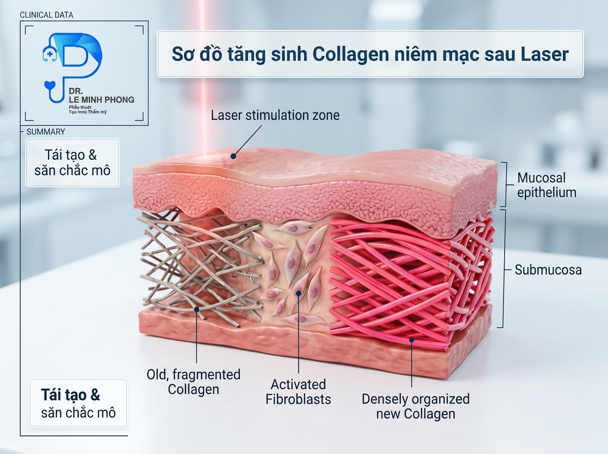 Sơ đồ mô phỏng ma trận collagen niêm mạc âm đạo tăng sinh sau bắn laser