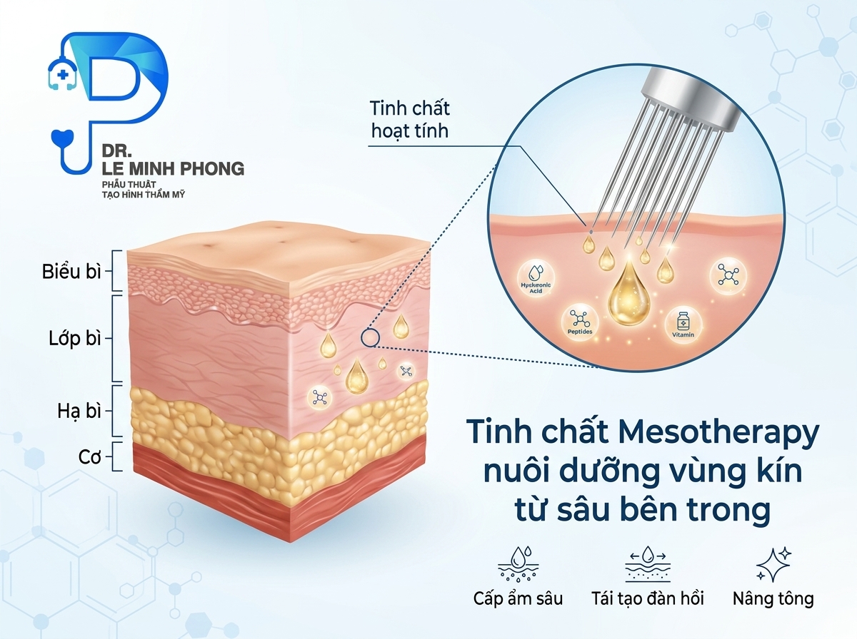 Mô phỏng các giọt tinh chất Mesotherapy nuôi dưỡng tầng trung bì da vùng kín