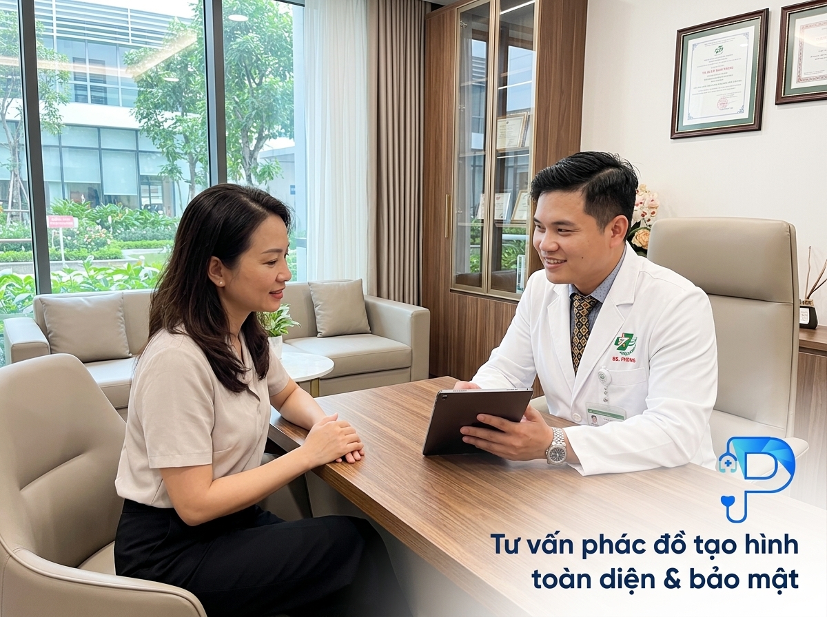 Tiến sĩ Bác sĩ đang tư vấn phác đồ thẩm mỹ vùng kín sau sinh đa tầng liên hoàn cho khách hàng