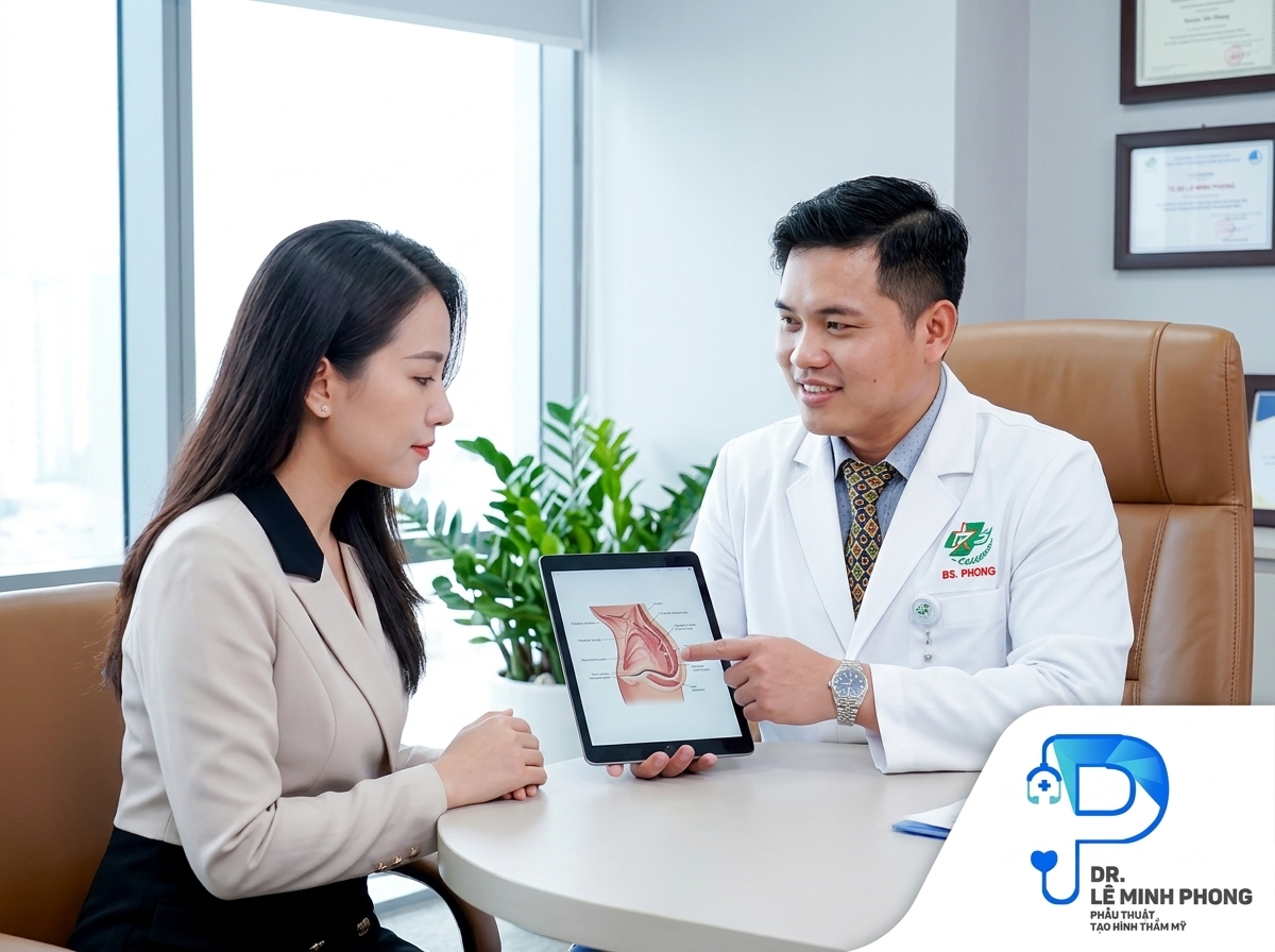 Tiến sĩ Bác sĩ đang tư vấn giải pháp phẫu thuật tạo hình thẩm mỹ vùng kín tinh tế