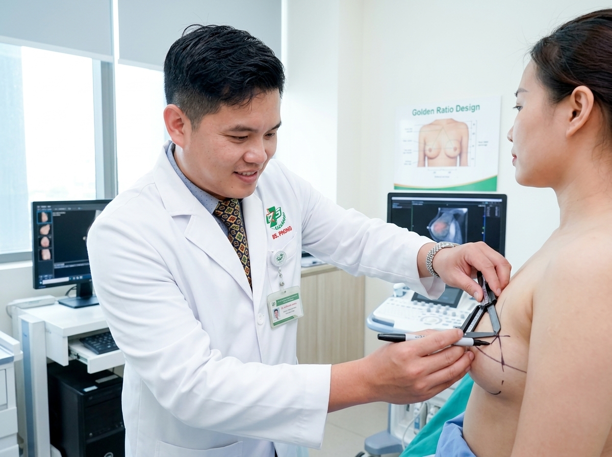 TS.BS Lê Minh Phong đang trực tiếp đo vẽ phác thảo tỷ lệ lồng ngực chuẩn xác cho khách hàng trước mổ