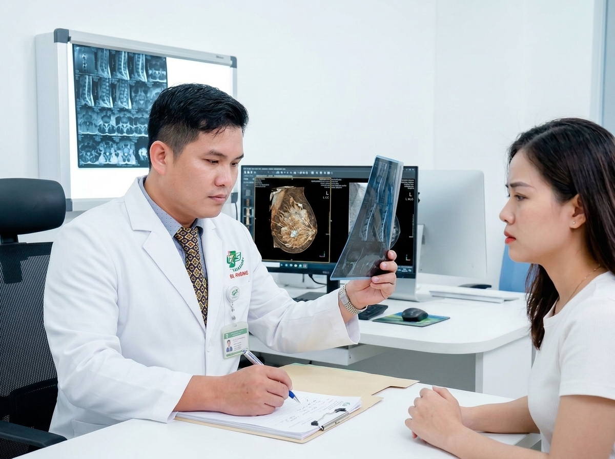 TS.BS Lê Minh Phong đang nghiên cứu hồ sơ bệnh án và chẩn đoán phim chụp vòng 1 biến chứng cho khách hàng
