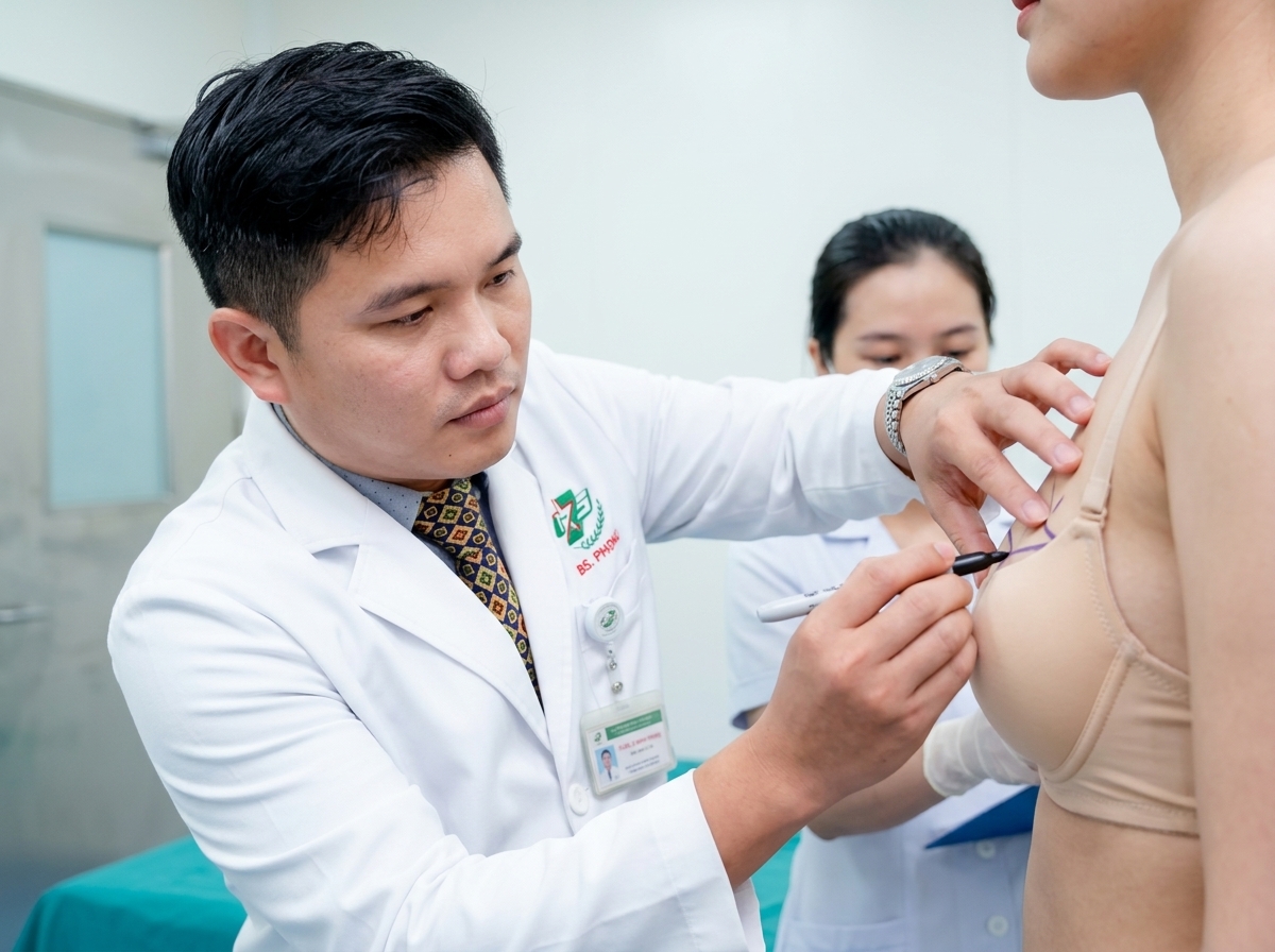 TS.BS Lê Minh Phong đang thực hiện đo đạc tỷ lệ lồng ngực bằng thước đo chuyên dụng chuẩn xác cho khách hàng