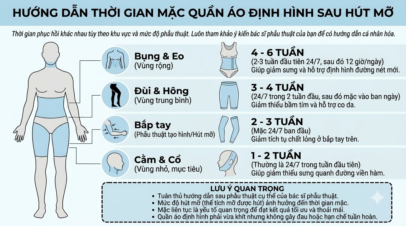 Thời gian mặc áo định hình khác nhau tùy từng vùng hút mỡ