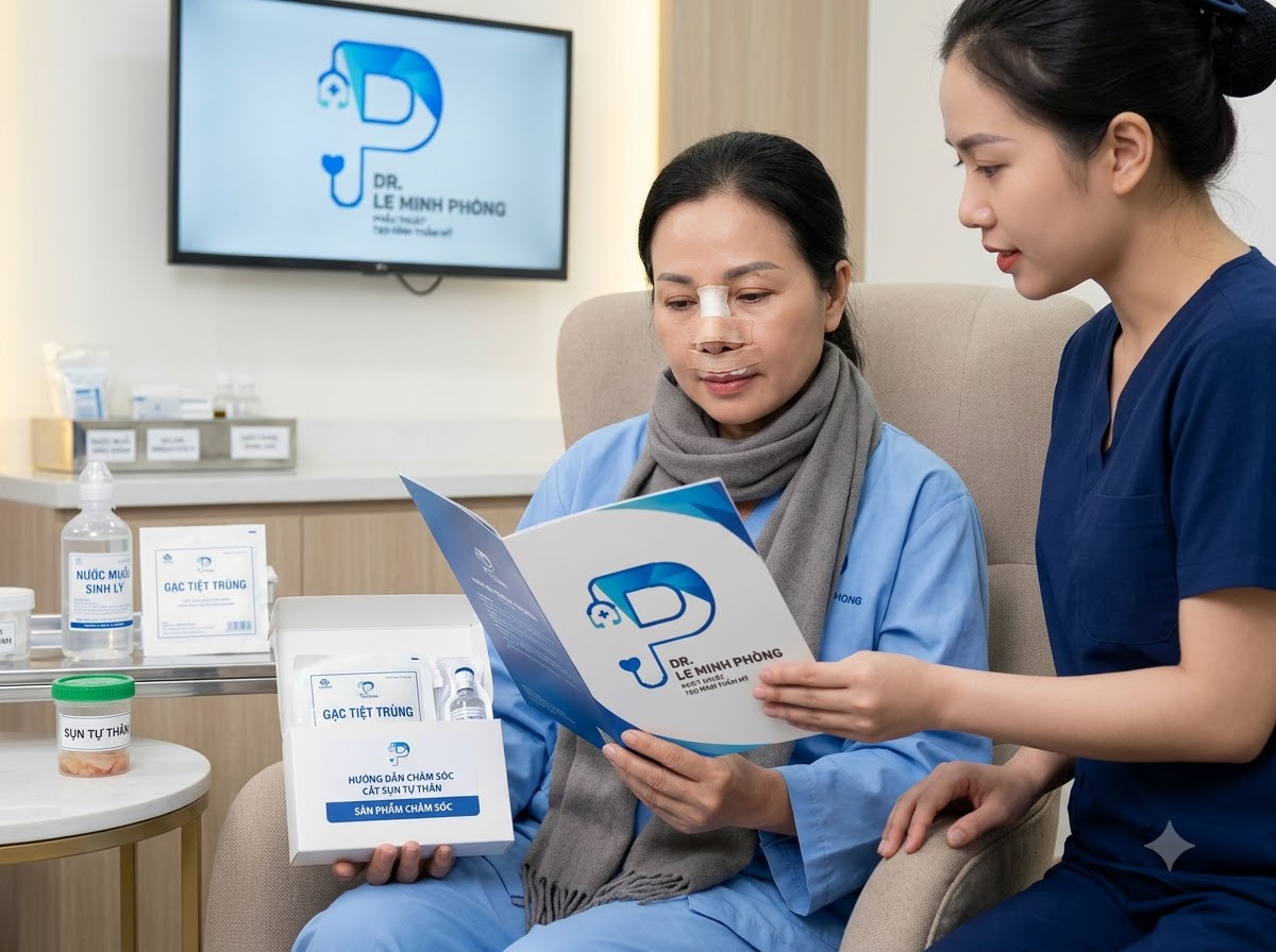Khách hàng được bác sĩ hướng dẫn chăm sóc sau nâng mũi bọc sụn tự thân