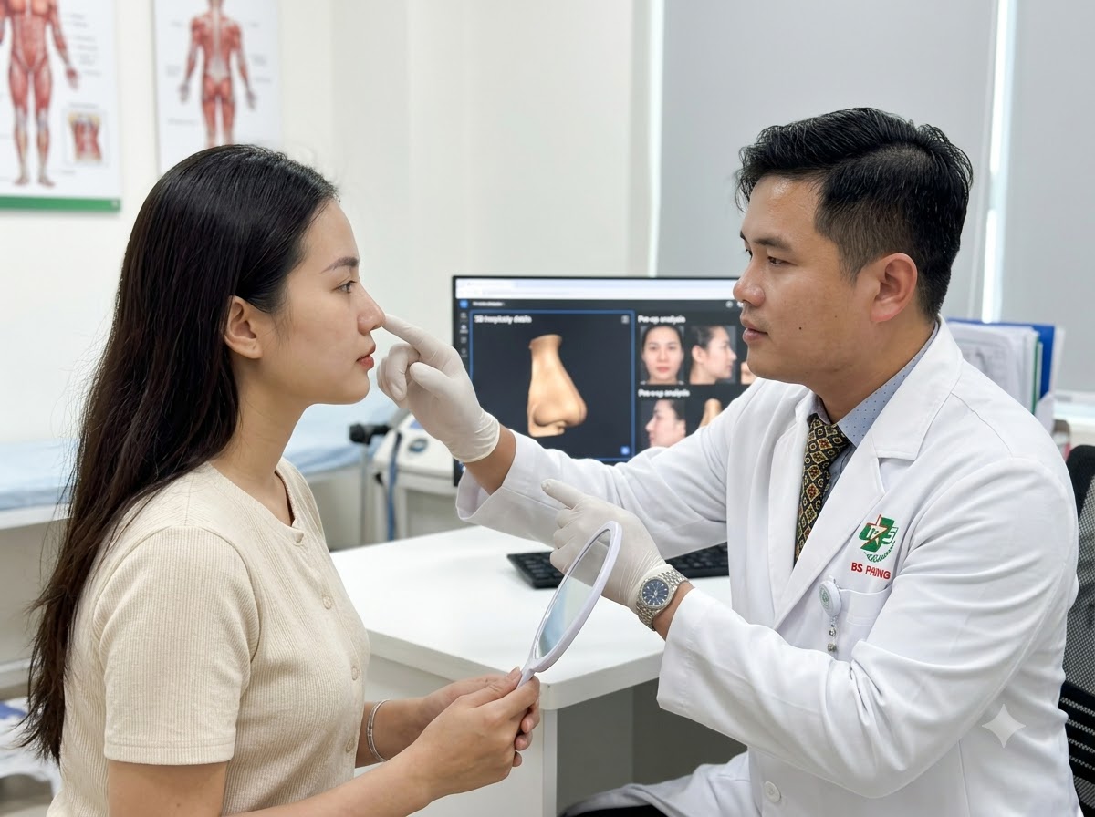 Bác sĩ thăm khám, tư vấn dáng mũi cho khách hàng trước phẫu thuật nâng mũi