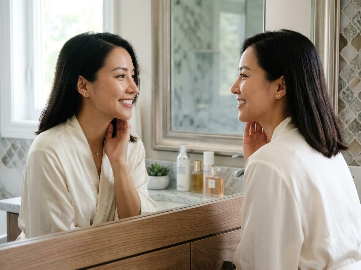 Khách hàng nữ tự tin soi gương sau khi nâng mũi thường, dáng mũi thanh tú tự nhiên