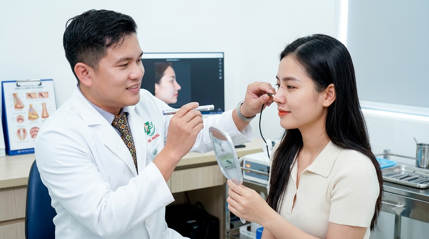 Bác sĩ thăm khám và tư vấn chăm sóc sau nâng mũi cấu trúc