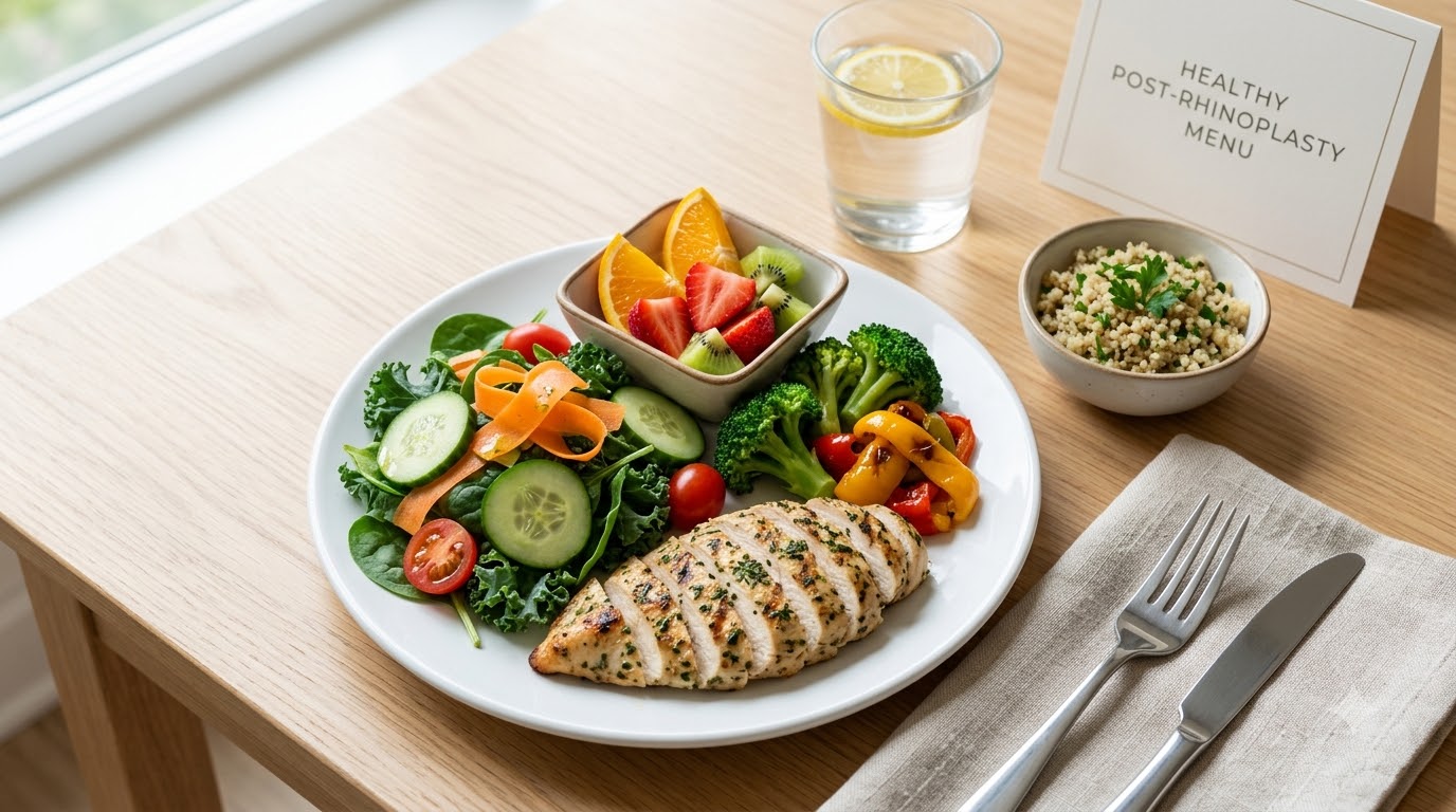 Thực đơn cho người sau nâng mũi - rau củ, đạm nạc, vitamin C Thực đơn lành mạnh với rau củ tươi, đạm nạc và trái cây giàu vitamin C cho người sau nâng mũi