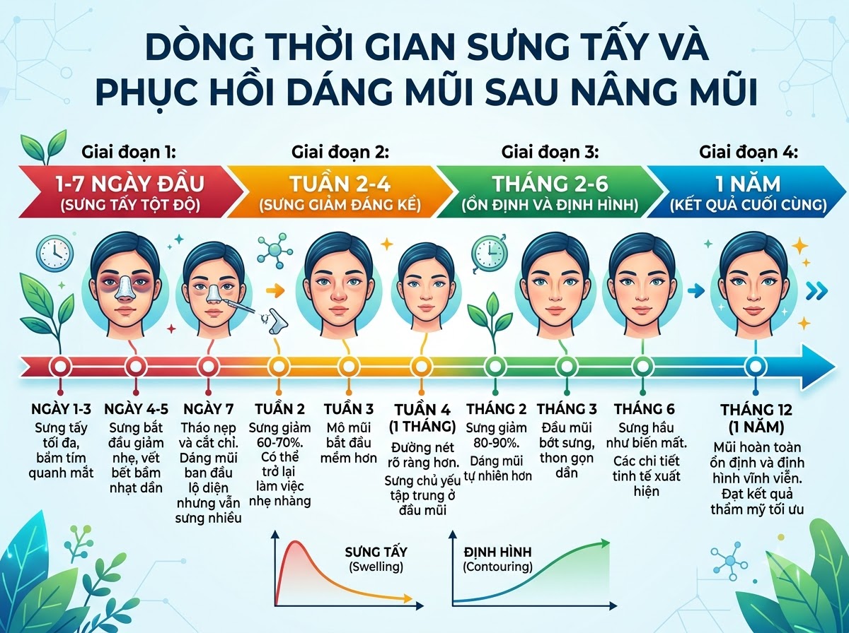 Timeline sưng nề và gom form của nâng mũi thường theo từng ngày và tuần