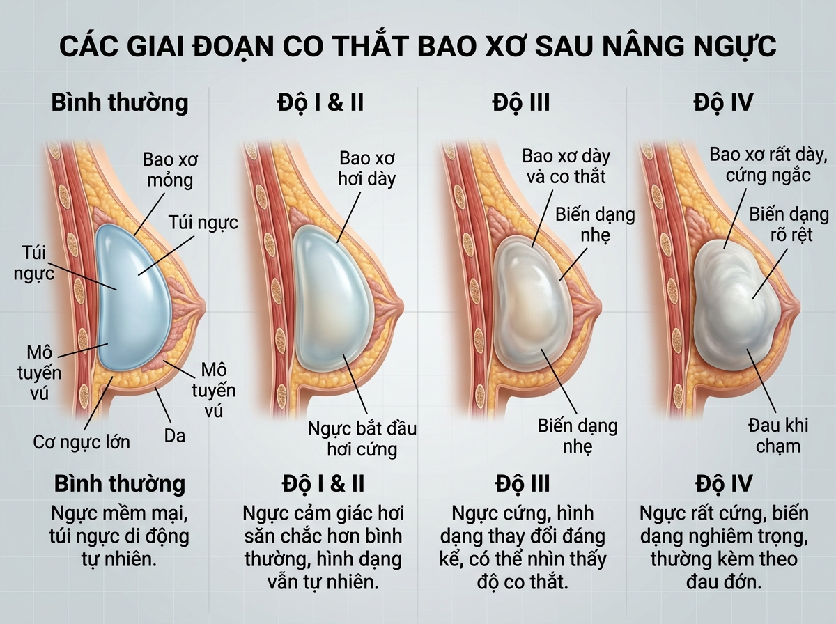 Nhận biết hiện tượng bao xơ co thắt làm biến dạng bầu ngực sau nâng