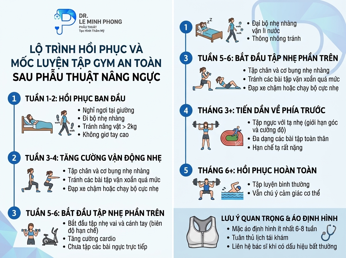 Infographic sơ đồ dòng thời gian phục hồi và các mốc tập gym an toàn