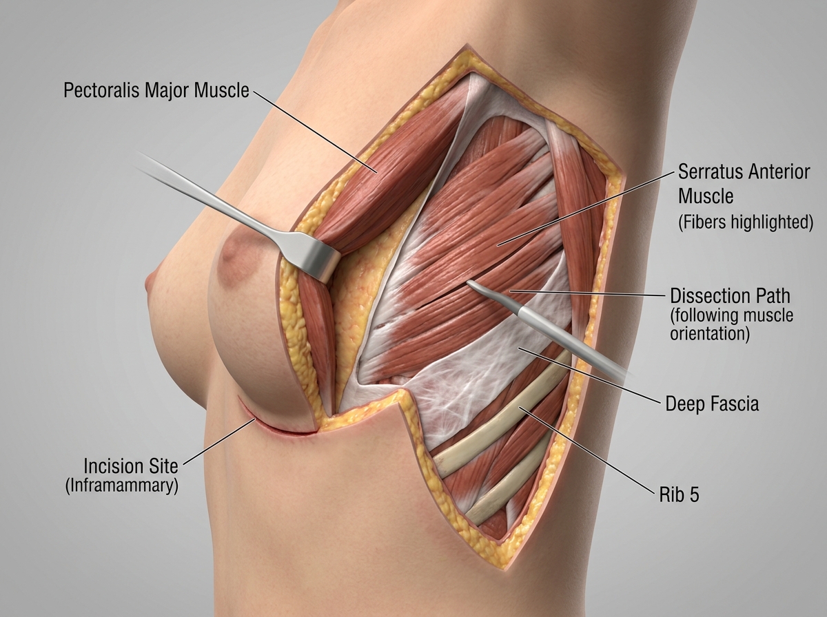 Đồ họa mô phỏng kỹ thuật bóc tách khoang đặt túi ngực nương theo hướng cơ răng trước