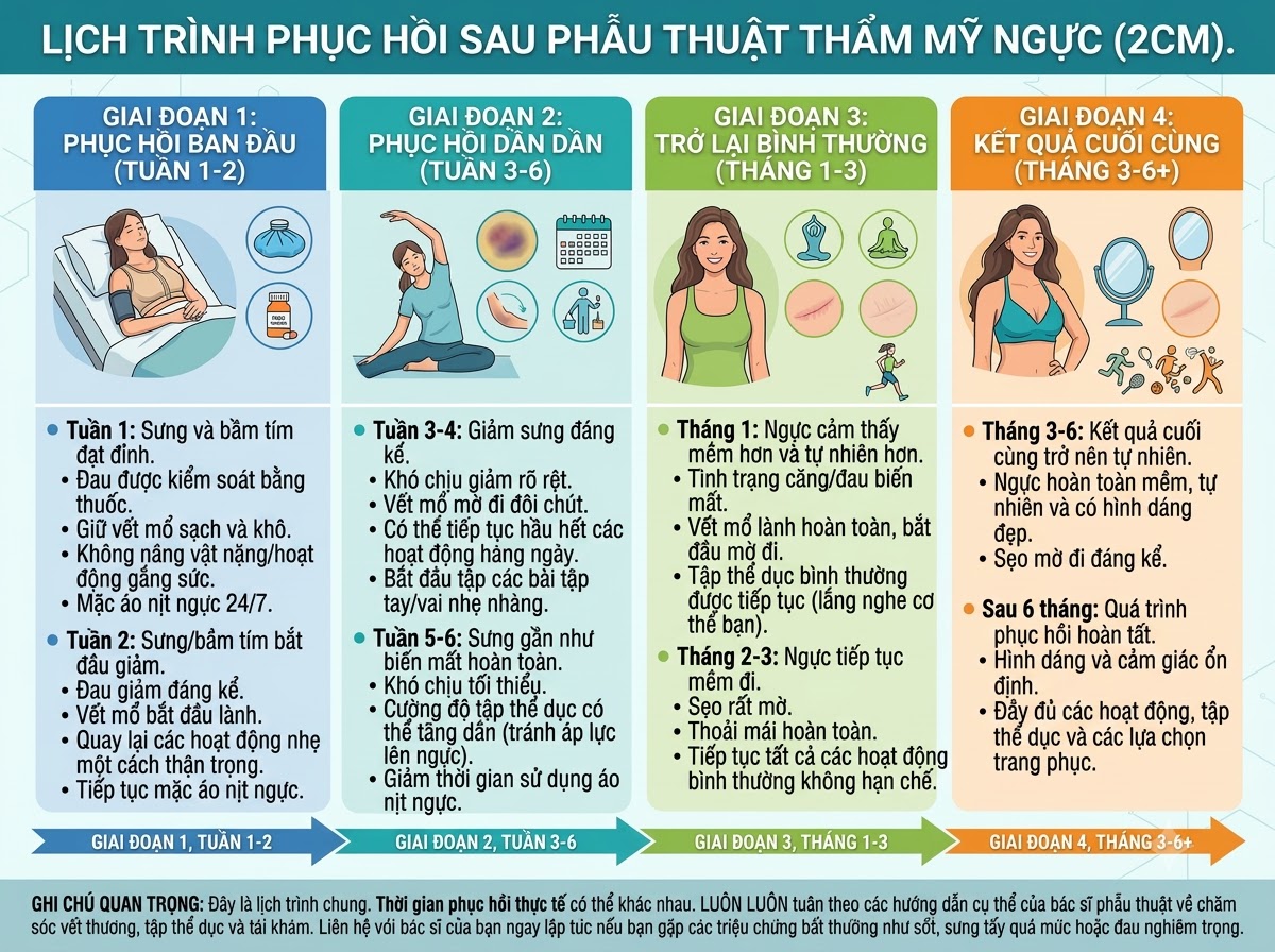 Timeline các giai đoạn hồi phục sau nâng ngực đường 2cm theo tuần và tháng